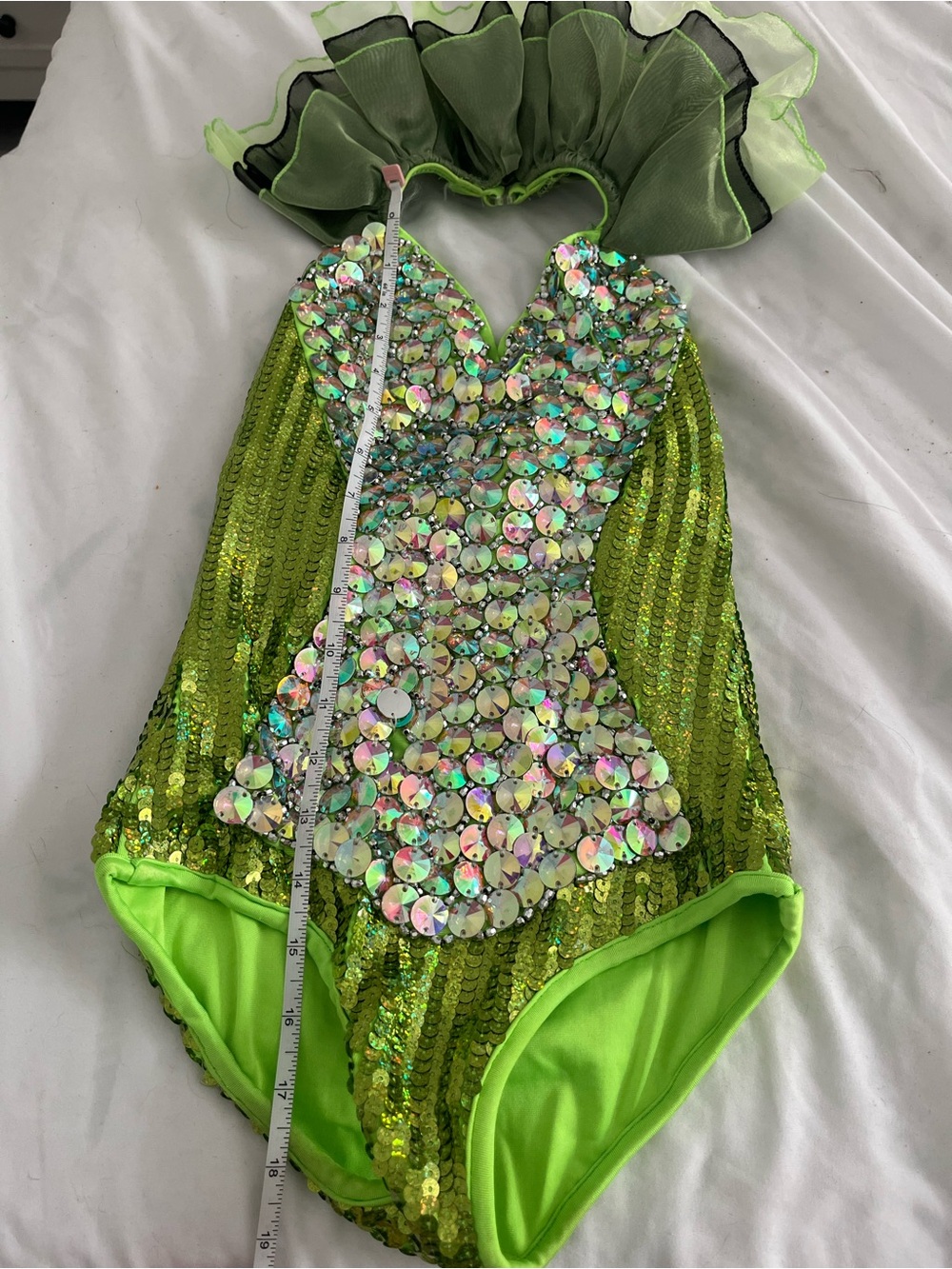 Girls' Lime Sequin Dance Costume with Iridescent Gem Front
